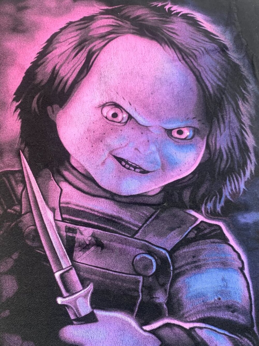 Chucky Horror Graphic Tee Black Movie Shirt Neon Purple Blue Size L - Picture 3 of 7